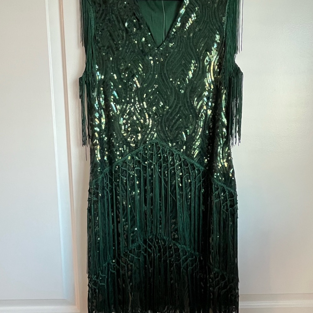 Elegant Green Sequin Fringe Dress